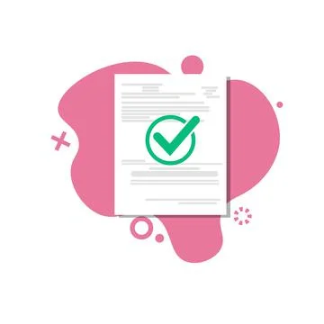 Paper document with checkmark icon, evaluation of test results, educational test Stock Illustration