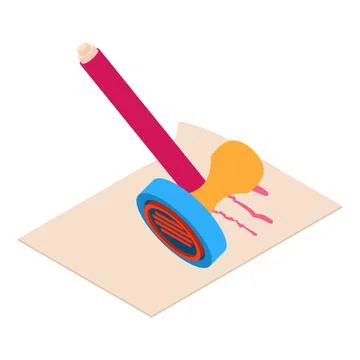 Paper document icon isometric vector. Paper sheet with text and round stamp icon Illustrazione stock