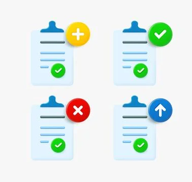 Paper document icon set with different pictograms. 3d vector icons collection Stock Illustration