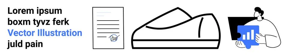 Paper document, sleek shoe outline, person with data analysis in blue. Ideal  Stock Illustration