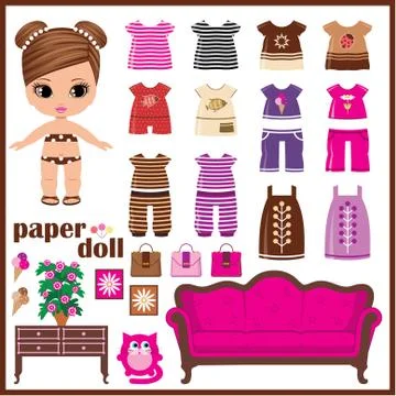 Paper doll with clothes set. Stock Illustration
