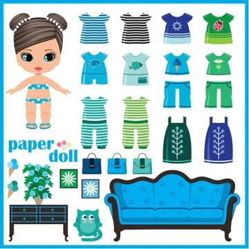 Paper doll with clothes set. Illustrazione stock