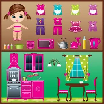 Paper doll with clothes set Stock Illustration