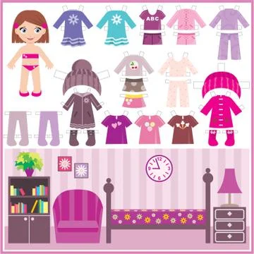 Paper doll with a set of clothes and a room Stock Illustration
