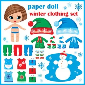 Paper doll with winter clothes set. Stock Illustration