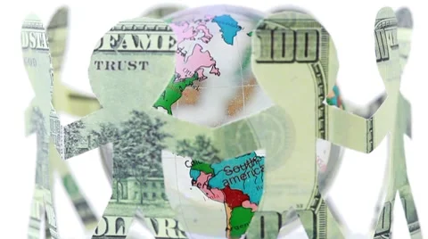 Paper dollars people stand holding hands and rotates around globe Stock Footage