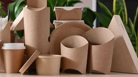 Paper eco-friendly disposable tableware on the background of green plants. Stock Footage 220036214