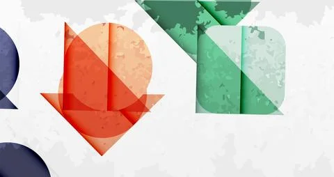 Paper elements form downward arrow. Red, green, blue hues present. Textured Stock Illustration