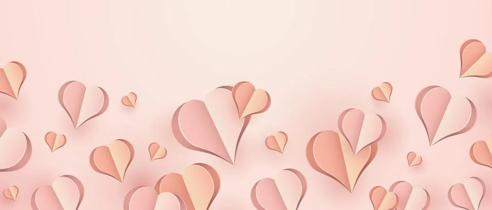 Paper elements in shape of heart flying on pink background. Vector symbols .. Stock Illustration