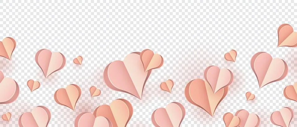 Paper elements in shape of heart flying on pink background. Vector symbols .. Stock Illustration