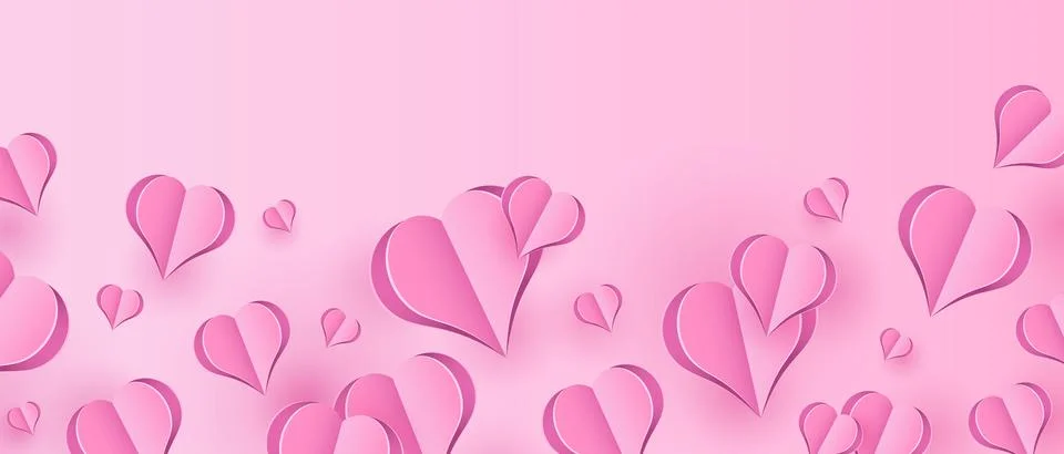 Paper elements in shape of heart flying on pink background. Vector symbols .. Illustrazione stock