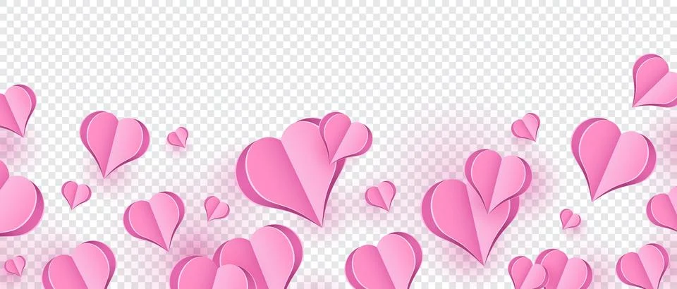 Paper elements in shape of heart flying on pink background. Vector symbols .. Stock Illustration