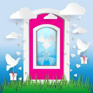 Paper elements in shape of heart flying on pink background Illustrazione stock