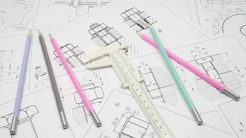 Paper engineering drawings of hardware and pencils. Design engineer project. Stock Footage