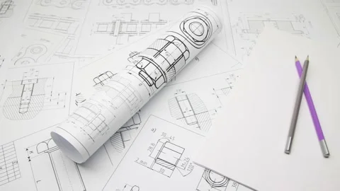 Paper engineering drawings of hardware. Design engineer project. Stock Footage 149318458