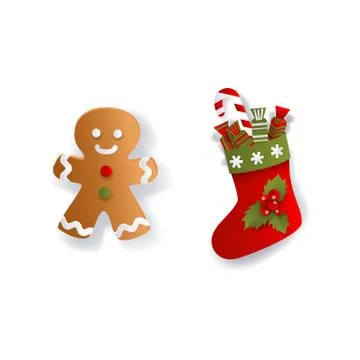 Paper flat Christmas stocking and gingerman cookie 스톡 일러스트