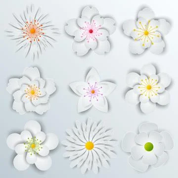 Paper flowers Set isolated Vector illustration. Stock Illustration