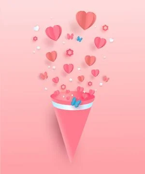 Paper flying elements on a pink background. Vector heart shaped love symbols for Stock Illustration