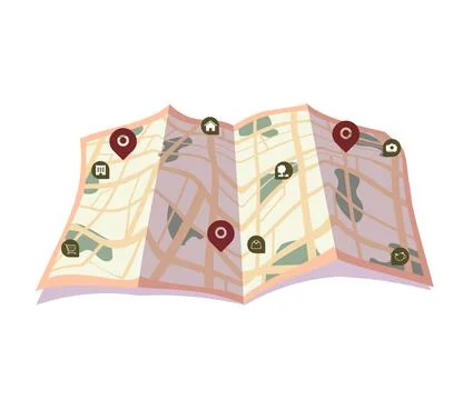 Paper folded map filled with various icons and symbols. Map include streets Stock Illustration