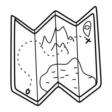 Paper folded Map with a Route editable Doodle hand drawn icon. Map for campin Stock Illustration