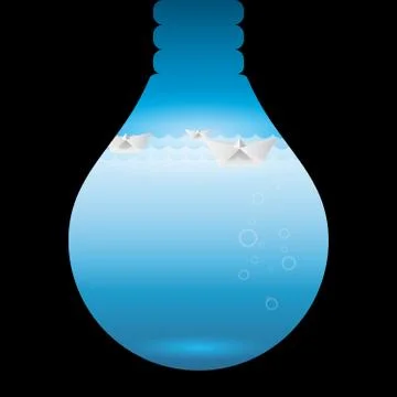 Paper folded ship in light bulb, isolated on black background. Stock Illustration