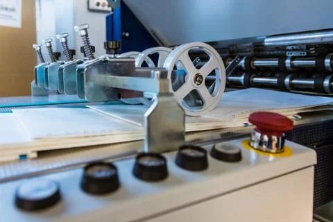 Paper Folding Machine Rollers Conveyor Belt Output Feed Printing Industry Eng Stock Photos