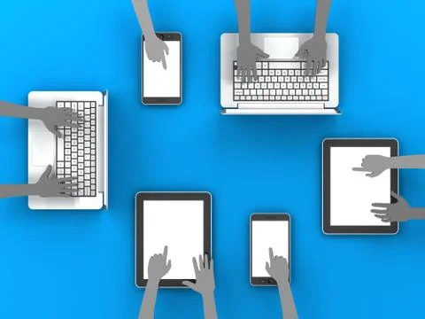 Paper hands clicking gadgets with copyspace, 3d render Stock Illustration