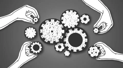 Paper hands connecting gears to each other over grey background Ilustração Stock