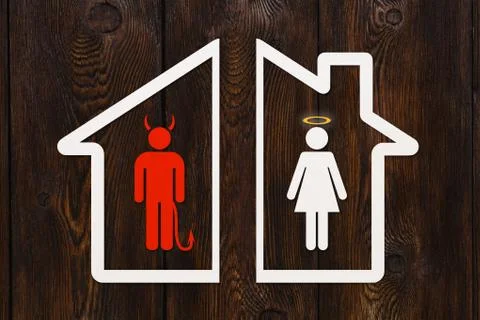 Paper house with devil man and angel woman. Divorce concept Stock Illustration