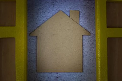 Paper house model with window frame background. Home insurance concept. Foto stock