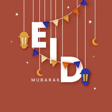 Paper Illustration of Hanging Eid Mubarak Text with Crescent Moon, Lantern,.. Stockillustratie
