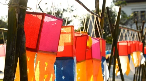 Paper lanterns on blue sky in Yee Peng Festival, Chiangmai, Thailand. Stock Footage 57473028
