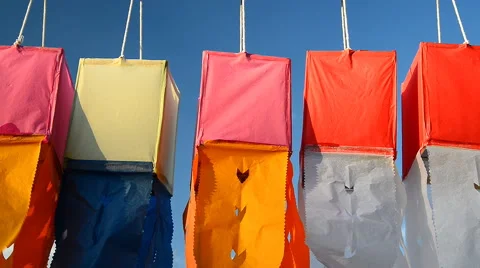 Paper lanterns on blue sky in Yee Peng Festival, Chiangmai, Thailand. Stock Footage 57499164