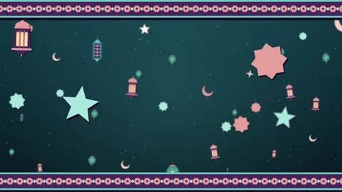 Paper lanterns drifting upward through soft focus between scrolling Islamic Stockbeeldmateriaal 348702973