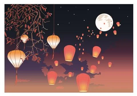 Paper lanterns with flames fly into the night sky. Color vector illustration Stock Illustration