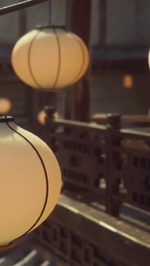 Paper lanterns glow softly in the evening Stock Footage 341254585