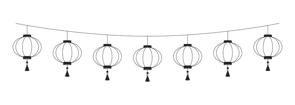 Paper lanterns hanging on string black and white 2D line object Stock Illustration