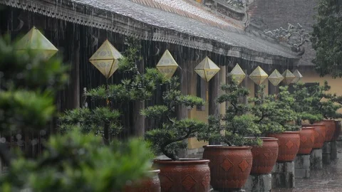 Paper lanterns of Hue city getting wet under heavy monsoon rain in Vietnam Stock Footage 113403459