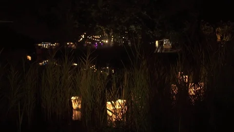 Paper lanterns on pond by night Stock Footage 82893282