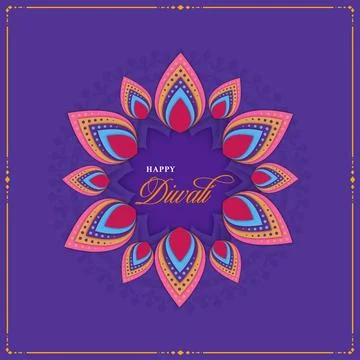 Paper Layer Cut Mandala or Rangoli Pattern Background with Happy Diwali Font. 库存插图