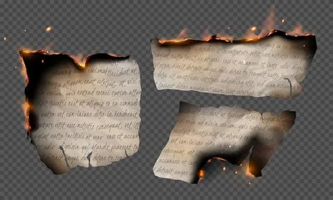 Paper letter burning realistic vector set, flaming torn page scrap with notes Stock Illustration