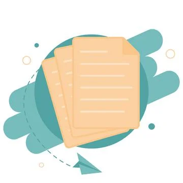 Paper list document icon with paper airplane in flat cartoon style. Sending Stock Illustration