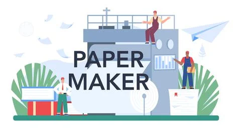 Paper maker typographic header. Paper factory process. Cutting wood Stock Illustration