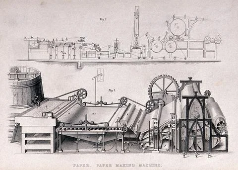 Paper making machine: a schematic side elevation (top), and a bird's-eye vi.. Stock Photos
