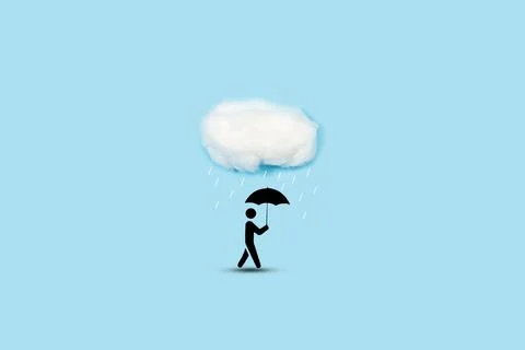 A paper man with an umbrella under a cloud made with cotton on light blue bac Stock Photos