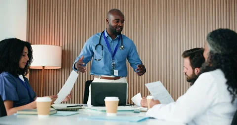 Paper, manager or doctors talk in boardroom, admin or operational planning for Stock Footage 326444173