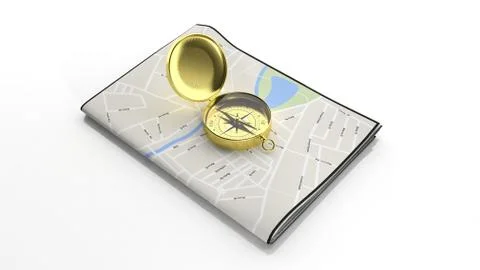Paper map with 3D golden compass isolated on white Stock Illustration