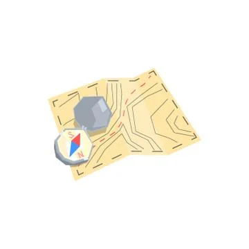 Paper Map And Compass Camping Orientation Kit 스톡 일러스트
