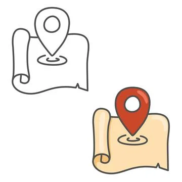 Paper map and red pin icon illustration. Red colour Location symbol web design A Stock Illustration
