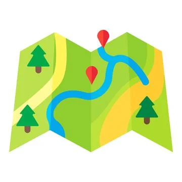 Paper map featuring a winding blue river, lush trees, sunny paths, red pins Ilustración de archivo